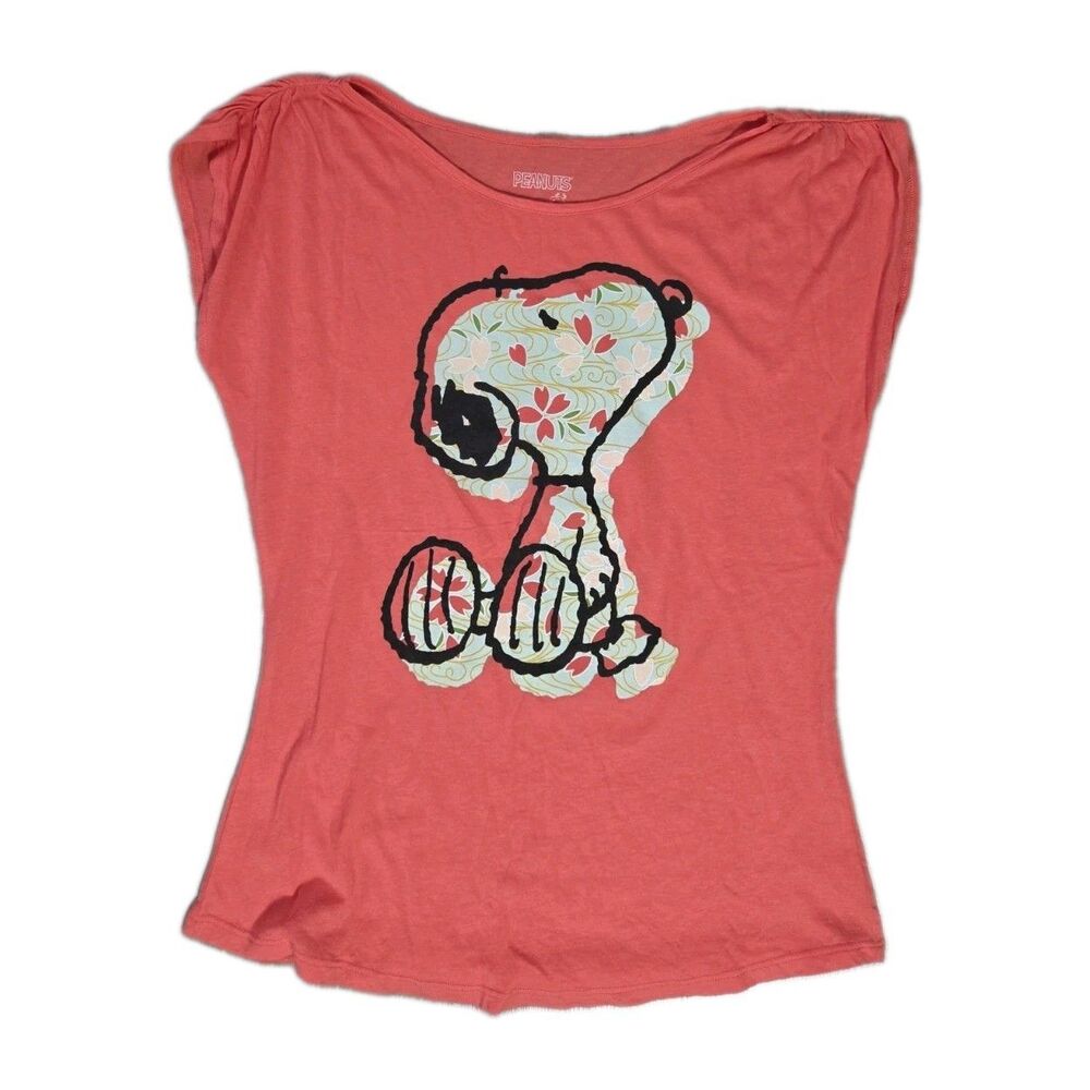 Peanuts Snoopy Coral Floral Graphic Cap Sleeve Top Cotton Modal Size S EUC